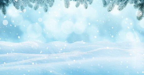 Winter card design. Beautiful fluffy snow and fir tree outdoors