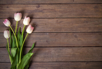 Spring tulip flower composition on wooden background. Overhead view