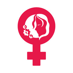 female gender symbol with women profile face and flowers, colorful design
