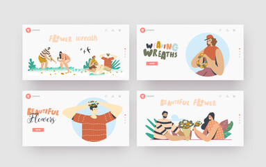 Fototapeta premium Summertime Season Landing Page Template Set. Happy Male Female Characters Weaving Wreaths of Beautiful Flowers