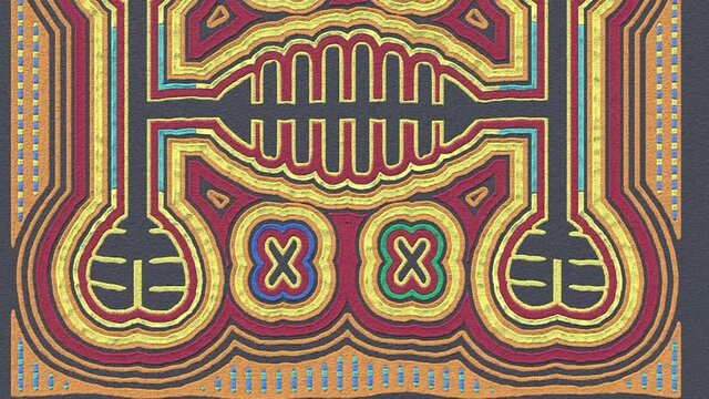Layered mola pattern fabric - scrappy sewing of Indians. National pattern of the ornament. Traditional ethnic texture design. 3D-rendering