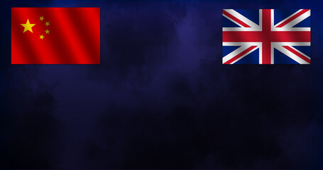 The red Chinese flag and the United Kingdom Union Jack flag on a blue background