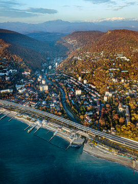 Russia, Krasnodar Krai, Sochi, Aerial view of Khosta district in autumn