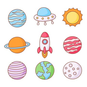 set of space icons. planets cartoon style. isolated on white background. vector illustration.