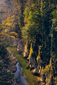 Khosta River flowing through Devils Gate canyon at dusk