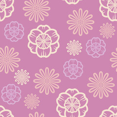 Floral seamless pattern. Beautiful openwork flowers on purple background. Vector illustration.