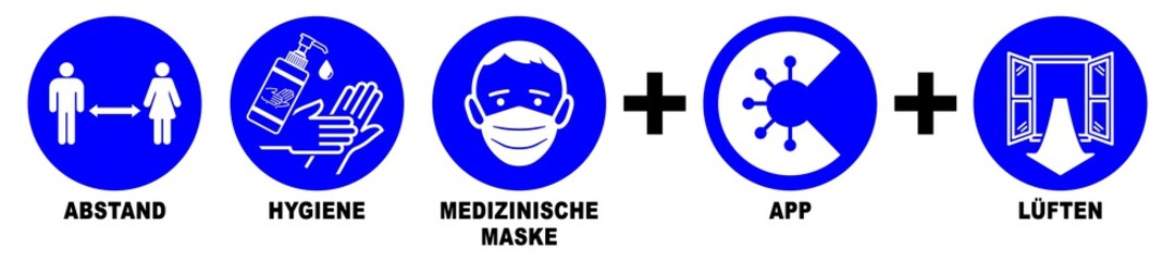 gz1039 GrafikZeichnung - german - Hinweisschild Gesundheitspflege: Corona-Formel | AHA + A + L | ABSTAND, HYGIENE, MEDIZINISCHE MASKE, APP, LÜFTEN - new healthcare banner - g10177
