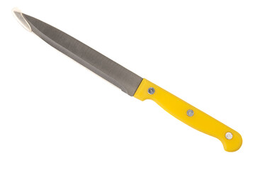 A 6-inch kitchen knife with plastic yellow handle and protective case isolated on a white background