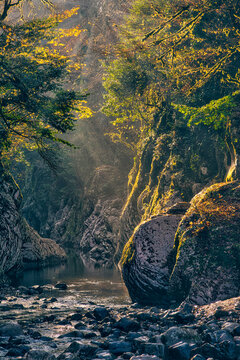 Khosta River flowing between rocks in Devils Gate canyon