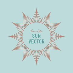Isolated sun border design in terracotta copper brown color on aquamarine blue green background, sunburst design element for logo or frame decoration