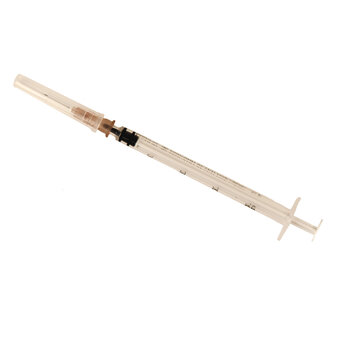 1ml medical small plastic sterile syringe with needle isolated on a white background