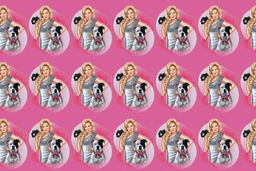 Pattern of a woman with a camera and a dog. Dear lady's hobby