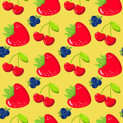 Berries trendy seamless pattern on Pantone 2021 yellow background vector for cards, banners, wrapping paper,posters, scrapbooking, pillow, cups and kitchen fabric design. Strawberry, cherry, blueberry