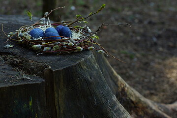 on a large tree stump is a nest with blue speckled Easter eggs