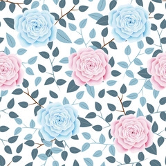 Pretty floral seamless pattern with roses and plant branches, on white isolated background. Elegant texture in pastel colors.