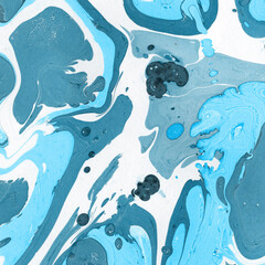 Blue marble ink texture on watercolor paper background. Marble stone image. Bath bomb effect. Psychedelic biomorphic art.