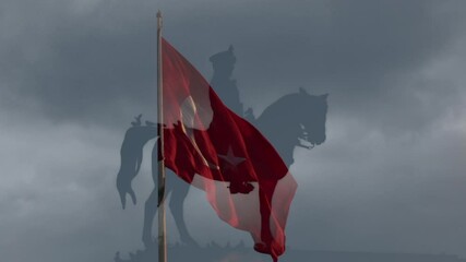 Waving flag of Turkey with Statue of Ataturk on the background. Turkish Nation. 23th april, 19th may, 30th august, 29th october