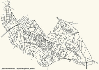 Black simple detailed city street roads map plan on vintage beige background of the neighbourhood Oberschöneweide locality of the Treptow-Köpenick of borough of Berlin, Germany