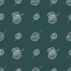 Seamless pattern of striped white leaves on a green background. Template for printing on textiles, fabric, bedding, wrapping paper, wallpaper.