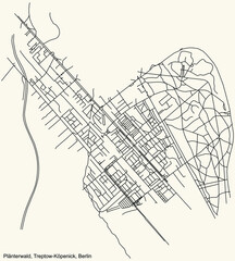 Black simple detailed city street roads map plan on vintage beige background of the neighbourhood Plänterwald locality of the Treptow-Köpenick of borough of Berlin, Germany