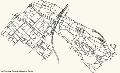 Black simple detailed city street roads map plan on vintage beige background of the neighbourhood Alt-Treptow locality of the Treptow-Köpenick of borough of Berlin, Germany