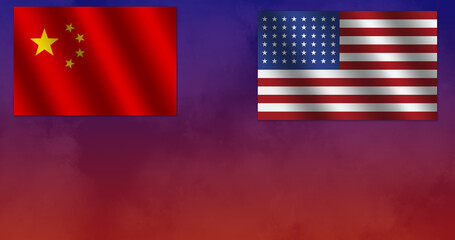 The red Chinese flag and the American Stars and Stripes flag on a red and blue background