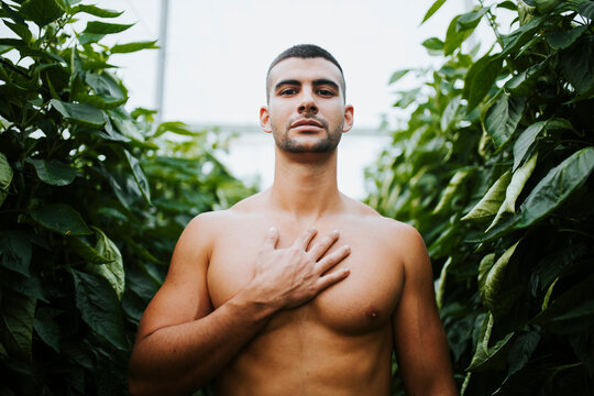 Handsome shirtless man standing with hand on chest amidst plants at greenhouse