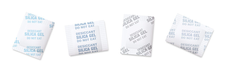 Fototapeta premium Silica gel sachets. Variuos desiccant selicagels in white paper envelopes. Chemical substance, industrial tool to avoid humidity, condensation, moisture. Isolated vector illu on white background. 