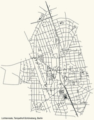 Black simple detailed city street roads map plan on vintage beige background of the neighbourhood Lichtenrade locality of the Tempelhof-Schöneberg of borough of Berlin, Germany