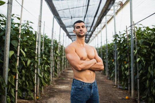 Young shirtless man standing with arms crossed at alley amidst plants in greenhouse