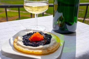Tasting and pairing of french champagne wine with pancakes, creme fresh, red and black fish caviar and view on green vineyards of Champagne near Epernay on background