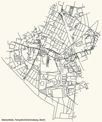 Fototapeta na wymiar Black simple detailed city street roads map plan on vintage beige background of the neighbourhood Marienfelde locality of the Tempelhof-Schöneberg of borough of Berlin, Germany