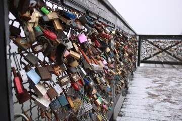 Former bridge on the Vistula Torun. Padlock of lovers, Valentine's Day, lovers.