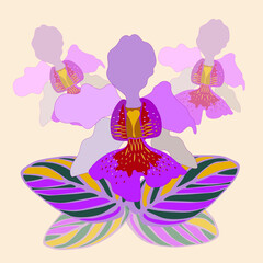 Pattern of striped colored leaves and orchids Vanda Miss Joaquim. Template for printing on textiles, fabric, bedding, wrapping paper, covers, wallpaper, coloring pages. Vector illustration.