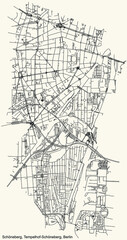 Black simple detailed city street roads map plan on vintage beige background of the neighbourhood Schöneberg locality of the Tempelhof-Schöneberg of borough of Berlin, Germany