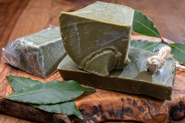 Blocks of handmade bio vegetal laurel bay leaf soap