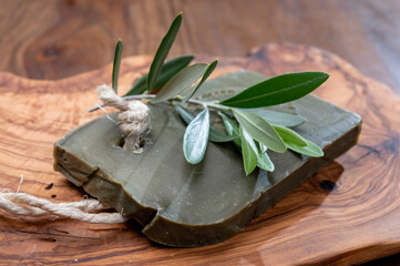 Block of handmade bio vegetal natural olives and bay leaf soap