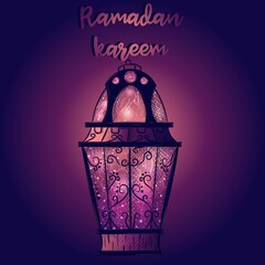 Gradient wallpaper with islamic Ramadan lanterns. Purple greeting card with an arabic candle full of stars and light. Middle East cultural and religious holiday.