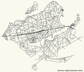 Fototapeta premium Black simple detailed city street roads map plan on vintage beige background of the neighbourhood Wannsee locality of the Steglitz-Zehlendorf of borough of Berlin, Germany