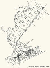 Black simple detailed city street roads map plan on vintage beige background of the neighbourhood Nikolassee locality of the Steglitz-Zehlendorf of borough of Berlin, Germany
