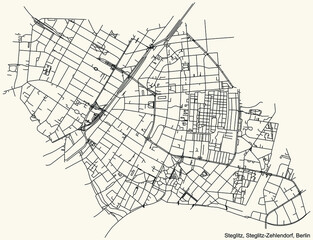 Black simple detailed city street roads map plan on vintage beige background of the neighbourhood Steglitz locality of the Steglitz-Zehlendorf of borough of Berlin, Germany