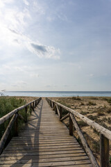 Fototapeta na wymiar long wooden boardwalk and beach access leads to beach and glistening ocean