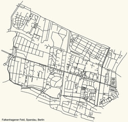 Black simple detailed city street roads map plan on vintage beige background of the neighbourhood Falkenhagener Feld locality of the Spandau of borough of Berlin, Germany