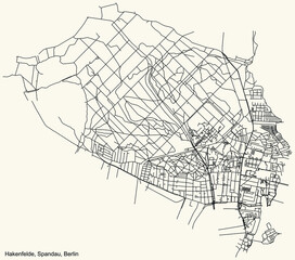 Naklejka premium Black simple detailed city street roads map plan on vintage beige background of the neighbourhood Hakenfelde locality of the Spandau of borough of Berlin, Germany