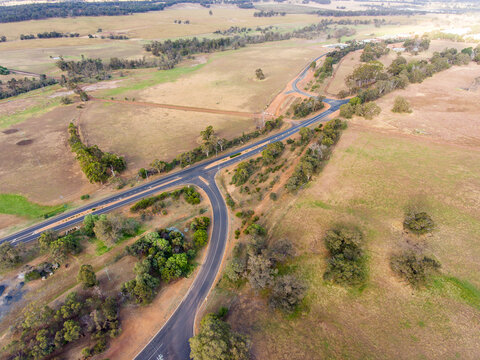 aerial view of rural highway with altered road layout
