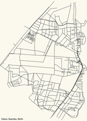 Black simple detailed city street roads map plan on vintage beige background of the neighbourhood Gatow locality of the Spandau of borough of Berlin, Germany