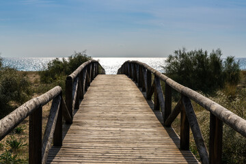 Fototapeta premium long wooden boardwalk and beach access leads to beach and glistening ocean