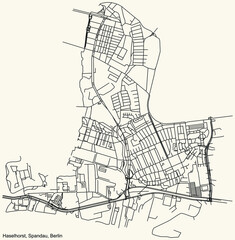 Black simple detailed city street roads map plan on vintage beige background of the neighbourhood Haselhorst locality of the Spandau of borough of Berlin, Germany