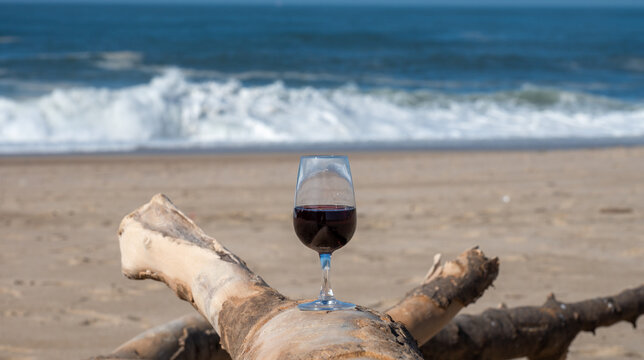 Tasting of different fortified dessert ruby, tawny port wines in glasses on sandy beach with view on waves of Atlantic ocean near Vila Nova de Gaia and city of Porto, Portugal