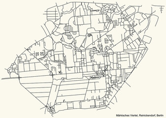 Fototapeta na wymiar Black simple detailed city street roads map plan on vintage beige background of the neighbourhood Märkisches Viertel locality of the Reinickendorf of borough of Berlin, Germany